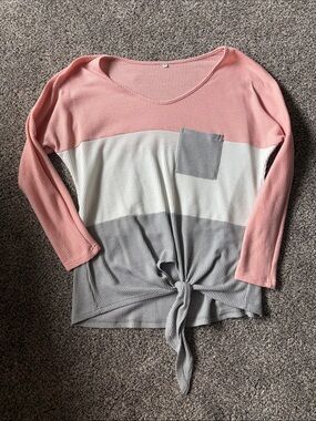 Colorblock Tie-Front Women's Top in Coral, White & Gray